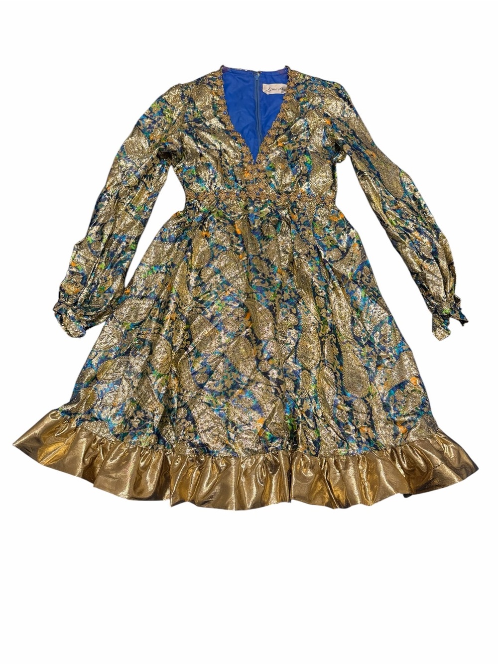 Lillie Rubin Gold Metallic Brocade Dress with Blue Accents, pre-owned, sz6